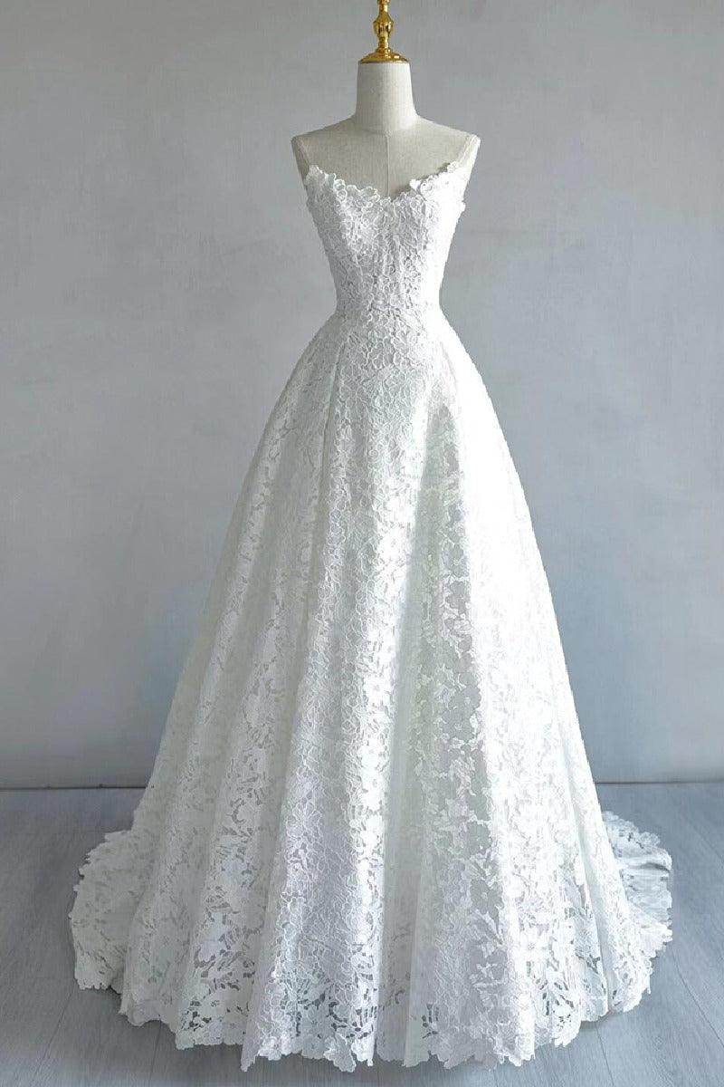 A-Line Sweep-Brush Train Lace Wedding Dress 828423890551 - COCOMELODY